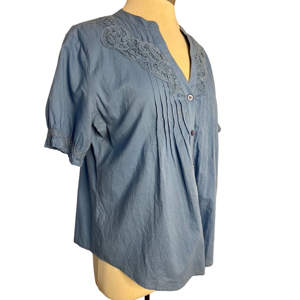 Take two clothing company blouse 14 blue short sleeve V-neck cotton button up - Picture 10 of 16